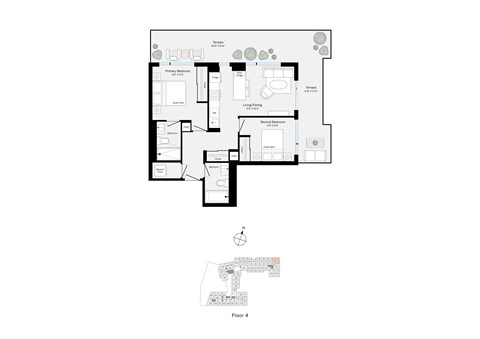 Floor plan for 2 beds, 2 baths, 728 sqft